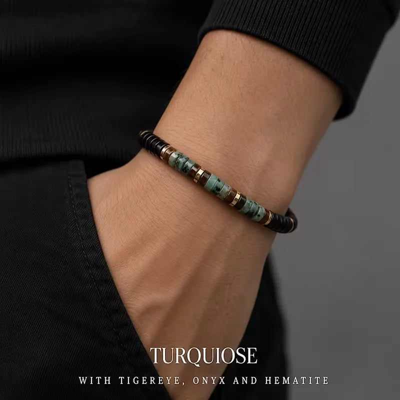 Natural Turquoise Tiger Eye Onyx Hematite Bracelet for Women Vintage Handmade Beaded Party Jewelry Gifts