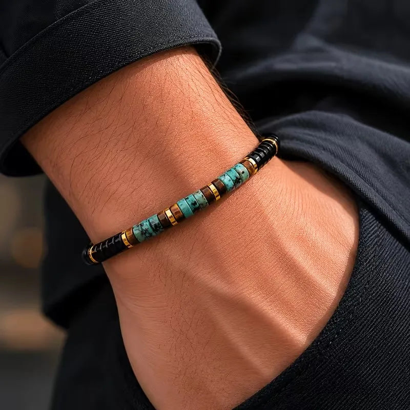 Natural Turquoise Tiger Eye Onyx Hematite Bracelet for Women Vintage Handmade Beaded Party Jewelry Gifts