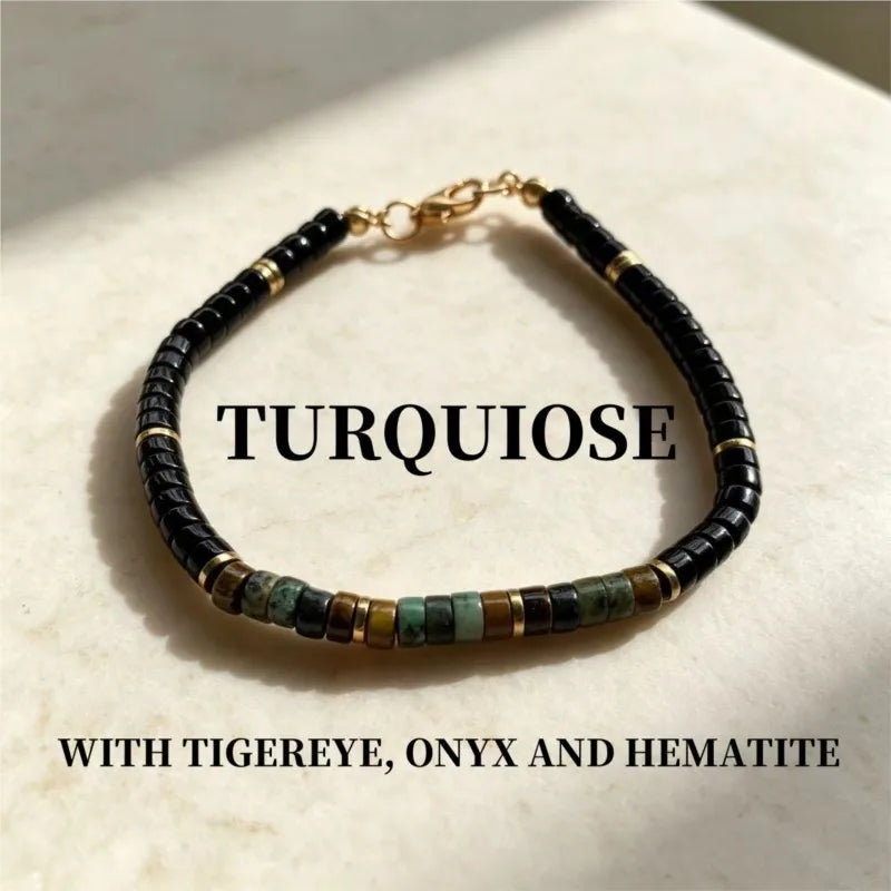 Natural Turquoise Tiger Eye Onyx Hematite Bracelet for Women Vintage Handmade Beaded Party Jewelry Gifts